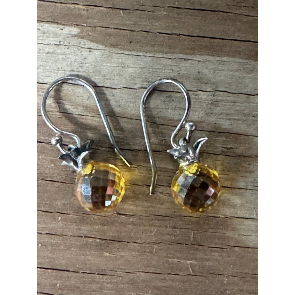 Faceted Pineapple-Shaped Earrings With Sterling Silver Hooks & Yellow Crystals